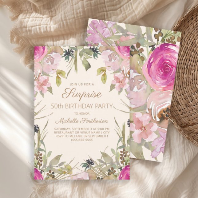 Invitation Surprise Fleurs Aquarelle Rose 50e Anniversaire  (Elegant pink watercolor floral and sage green leaves surprise 50th birthday party invitation)