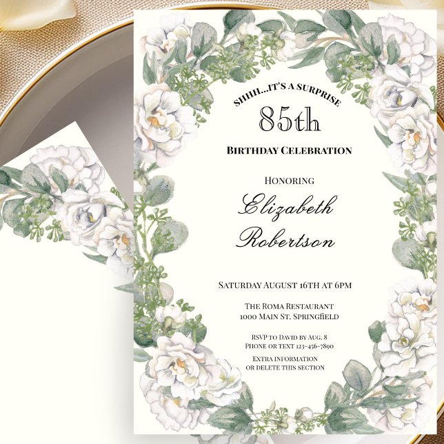 Invitation Surprise Fleurs Bordure Femme 85e Anniversaire Per (Créateur téléchargé)