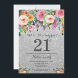 Invitation Surprise Fleurs Pailletées Argent 21e Anniversaire<br><div class="desc">Invitation d'anniversaire 21 ans pour femmes avec surprise de fleurs pailletées argent. Fleur aquarelle. Fond pailleté argent. Fleur rose, jaune, orange, violette. Anniversaire adulte. 13e 15e 16e 18e 20e 21e 30e 40e 50e 60e 70e 80e 90e 100e, tous âges. Pour une personnalisation supplémentaire, veuillez cliquer sur le bouton "Personnaliser" et...</div>