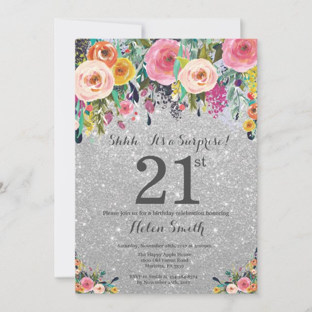 Invitation Surprise Fleurs Pailletées Argent 21e Anniversaire (Devant)