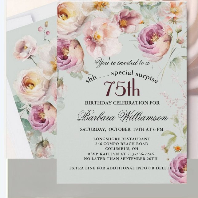 Invitation Surprise Fleurs Peintes Élégantes 75e Anniversaire (Créateur téléchargé)