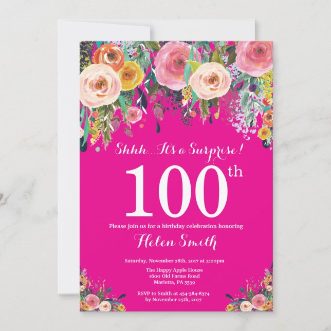 Invitation surprise fleurs rose chaud pour 100e an (Devant)