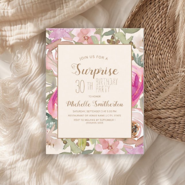 Invitation Surprise Fleurs Rose Pâle Violet 30e Anniversaire (Pink watercolor floral and sage green leaves surprise 30th birthday party invitation)