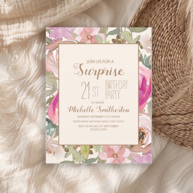 Invitation Surprise Fleurs Rose Pâle Violet pour 21e Annivers (Elegant pink watercolor floral and sage green leaves 21st birthday party invitation)