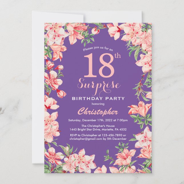 Invitation Surprise Floral 18e anniversaire Fleurs roses viol (Devant)