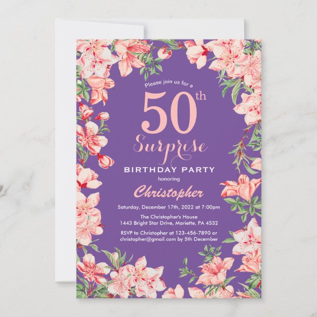 Invitation Surprise Floral 50e Anniversaire Fleurs roses viol (Devant)