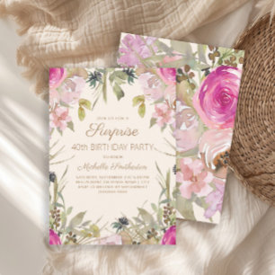 Invitation Surprise Floral Aquarelle Rose 40e Anniversaire