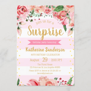 Invitation Surprise Floral Blush Pink Stripes fête d'annivers