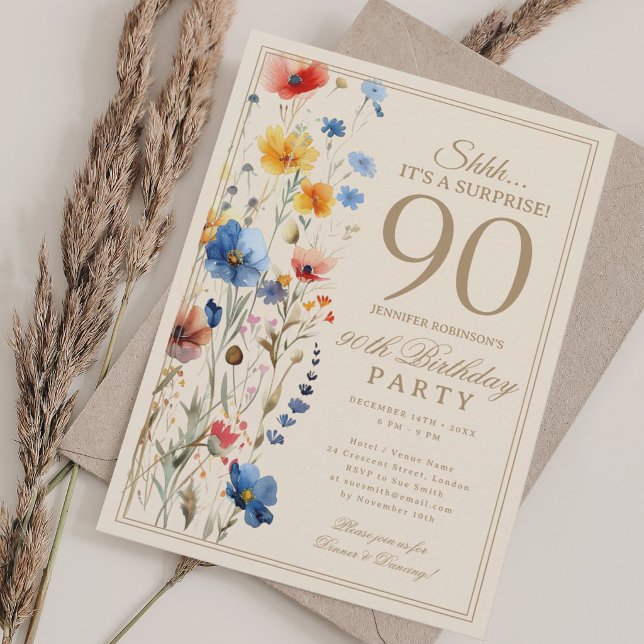 Invitation Surprise Floral Boho pour ses 90 ans (Boho Floral Surprise 90th Birthday Party For Her Invitation)