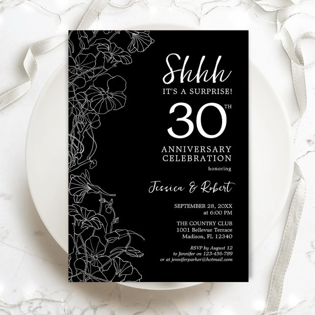 Invitation Surprise Floral Noir et Blanc 30e Anniversaire (Créateur téléchargé)