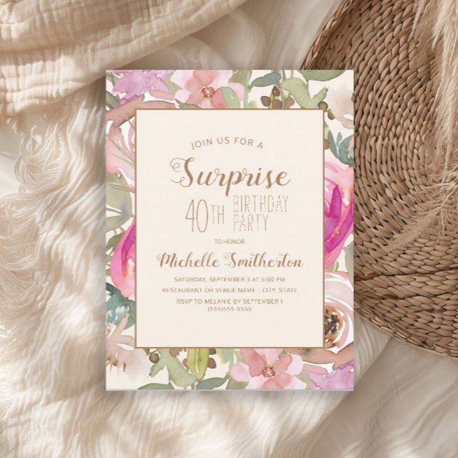 Invitation Surprise Floral Rose Pâle Violet pour 40e Annivers (Pink watercolor floral and sage green leaves surprise 40th birthday party invitation)