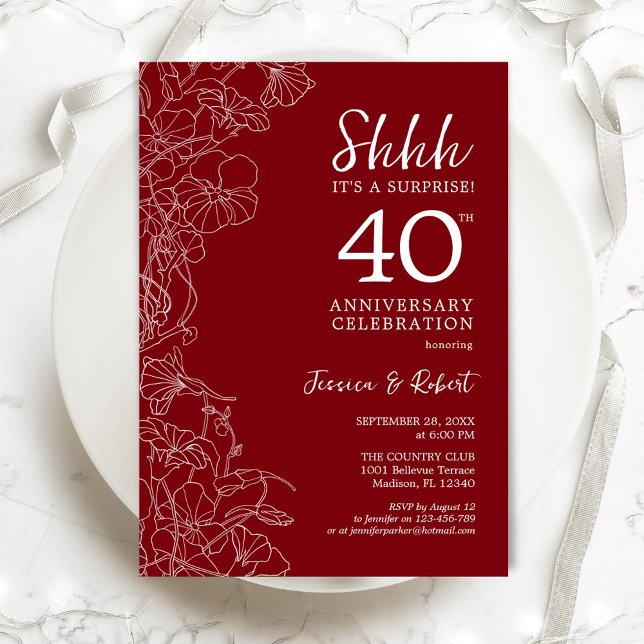 Invitation Surprise Floral Rouge Rubis 40e Anniversaire (Créateur téléchargé)