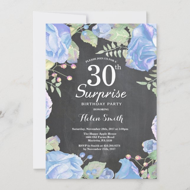 Invitation Surprise Florale Bleue Botanique 30e Anniversaire (Devant)