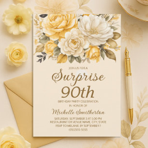 Invitation Surprise Florale Crème Ivoire Jaune Élégant 90ème
