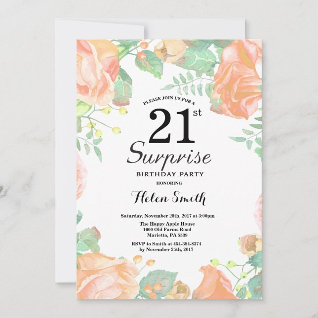 Invitation Surprise Florale de Pêche Botanique pour 21e Anniv (Devant)