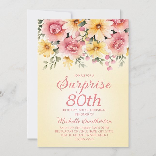 Invitation Surprise Florale Jaune Rose Printanière 80 ans  (Devant)