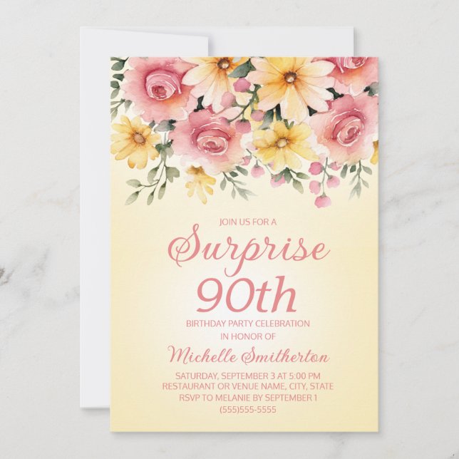 Invitation Surprise Florale Jaune Rose Printanière 90 ans  (Devant)