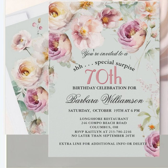 Invitation Surprise Florale Peinte Élégante pour 70 ans  (Créateur téléchargé)