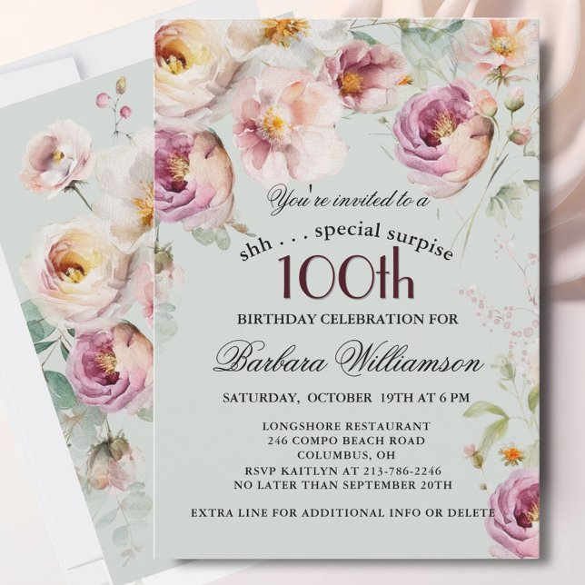 Invitation Surprise Florale Peinte Élégante pour les 100 ans (Créateur téléchargé)