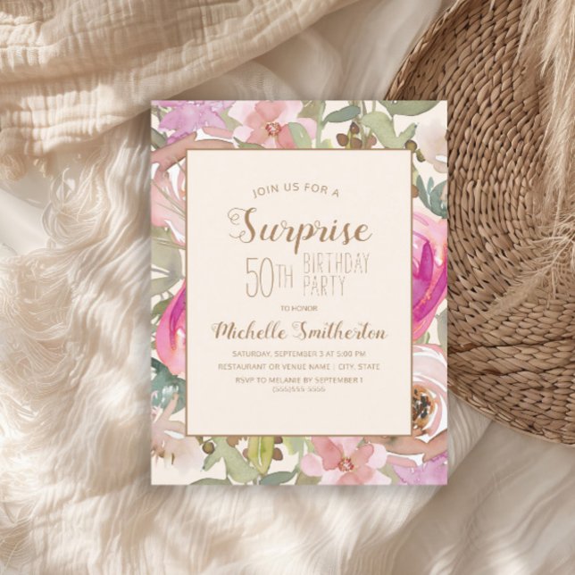 Invitation Surprise Florale Rose Clair Violet pour 50e Annive (Pink floral and sage green leaves surprise 50th birthday party invitation)