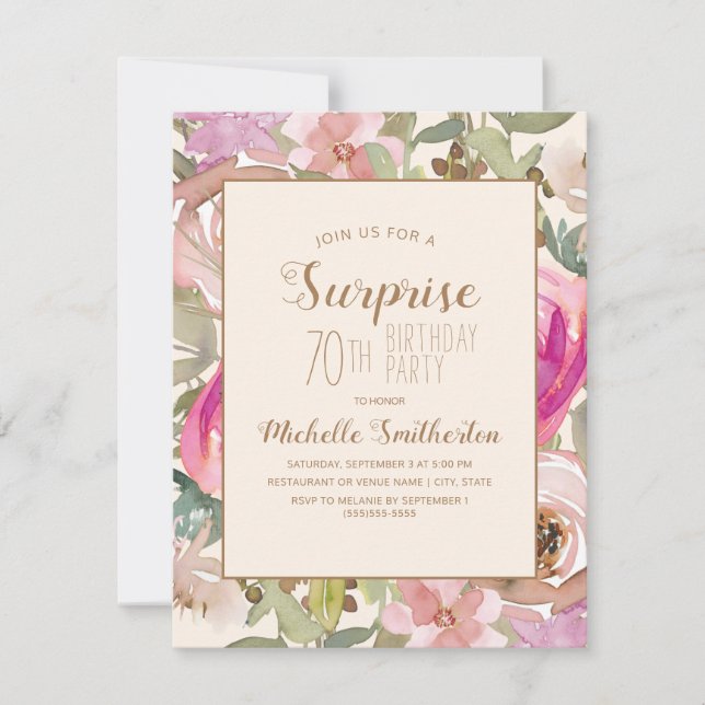 Invitation Surprise Florale Rose Pâle Violet pour 70e Anniver (Devant)