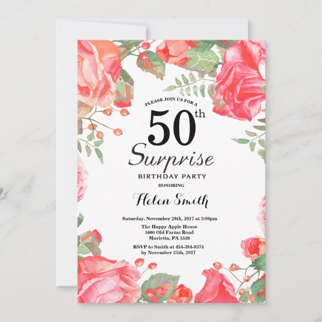 Invitation Surprise Florale Rouge Botanique 50e Anniversaire (Devant)