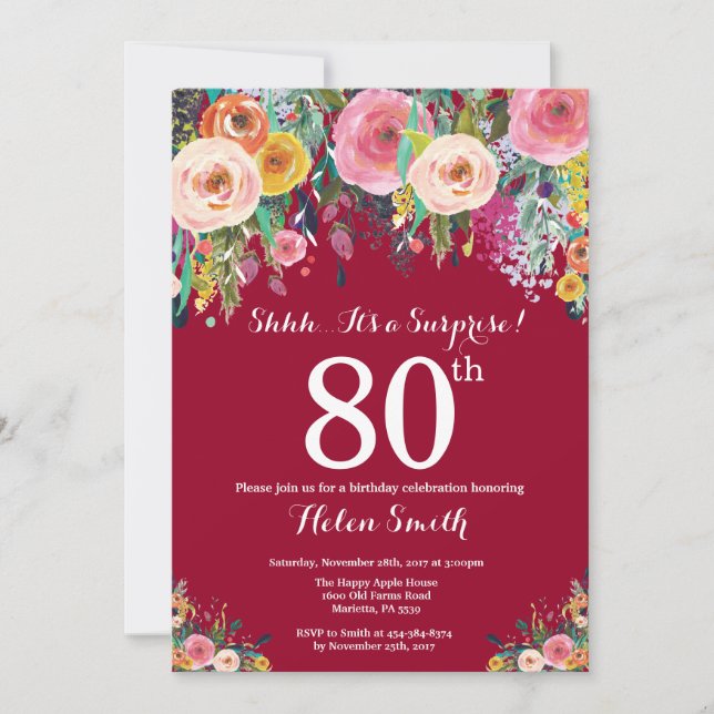Invitation Surprise Florale Rouge Bourgogne pour 80e Annivers (Devant)