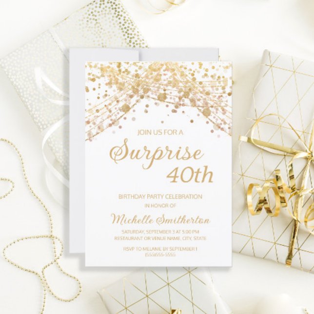 Invitation Surprise Glitter Or 40e Anniversaire en Or Blanc (Créateur téléchargé)