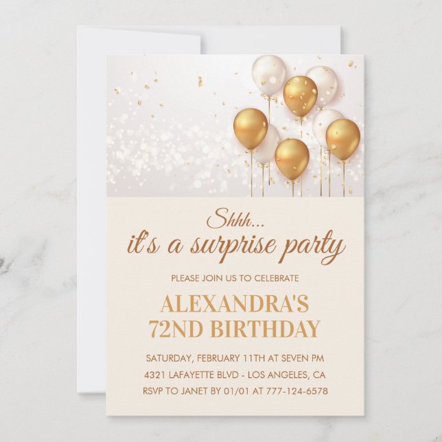 Invitation Surprise Gold Ballons 72e anniversaire (Devant)