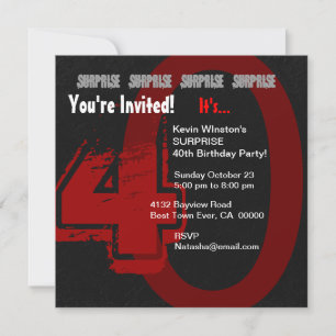 Invitation SURPRISE Grunge 40e anniversaire rouge et noir W20