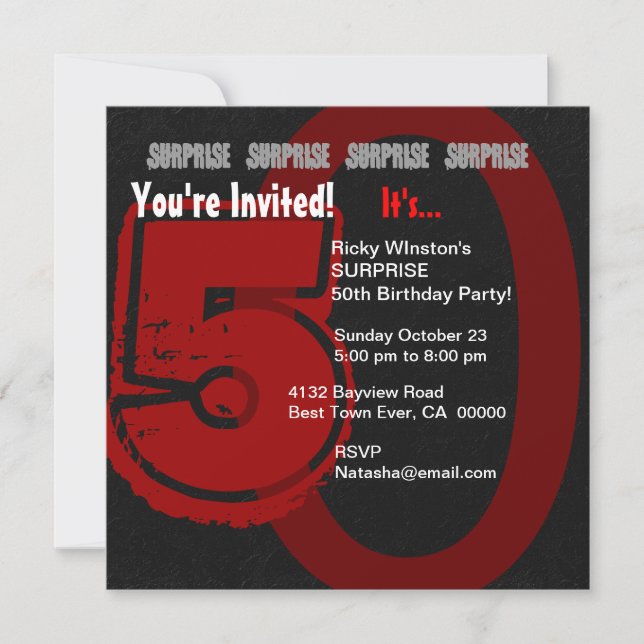 Invitation SURPRISE Grunge 50e anniversaire Rouge et noir W20 (Devant)