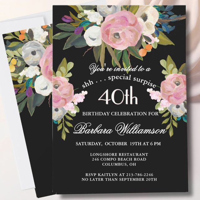 Invitation SURPRISE Handpainted Floral 40th Birthday Party  (Créateur téléchargé)