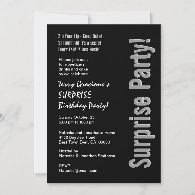 Invitation SURPRISE moderne Anniversaire Noir Argent Blanc (Devant)