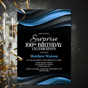 Invitation Surprise Moderne Noir et Bleu pour les 100 ans