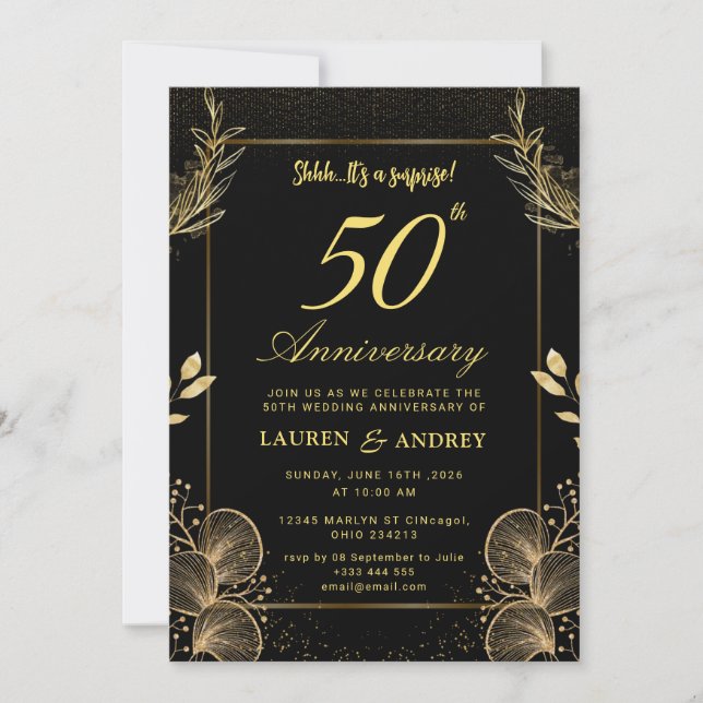 Invitation Surprise Noir & Or 50e Anniversaire de Mariage (Devant)