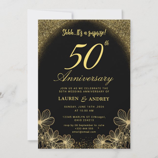 Invitation Surprise Noir & Or 50e Anniversaire de Mariage (Devant)