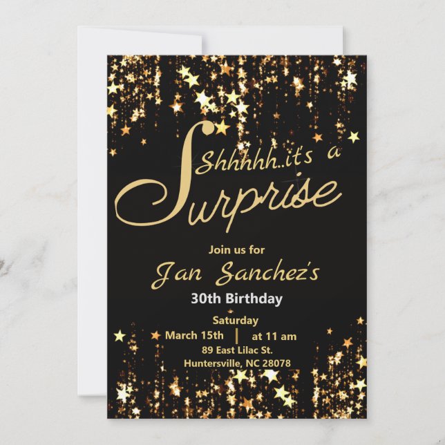 Invitation surprise noire et or avec QR rsvp (Devant)