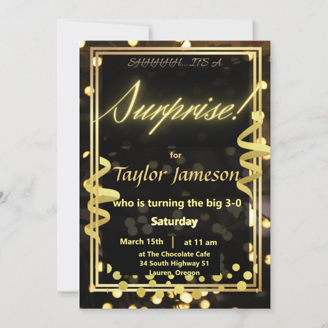 Invitation surprise noire et or QR rsvp (Devant)