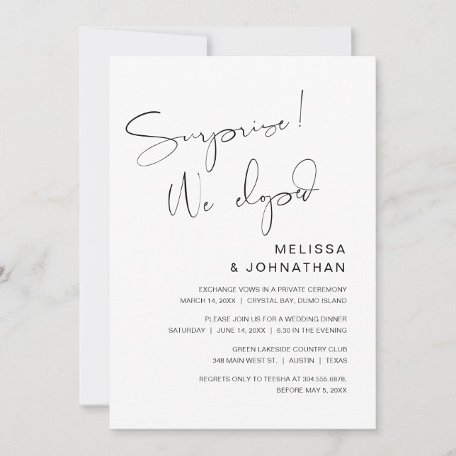 Invitation Surprise, nous avons fui, Parti Mariage Elopement (Devant)