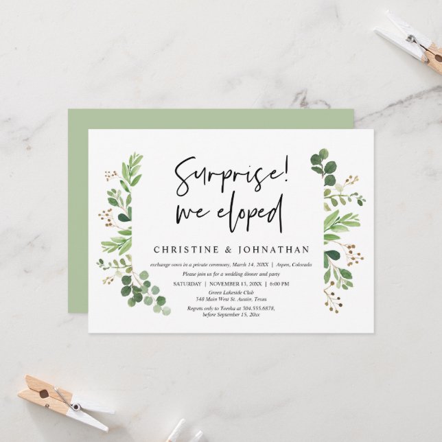 Invitation Surprise, nous nous sommes enfuis, Fête de Mariage (Devant/Arrière en situation)