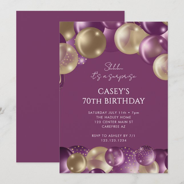 Invitation Surprise Or 70 Ans Violet Or (Devant / Derrière)