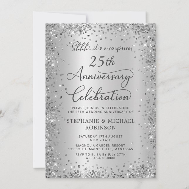 Invitation Surprise Pailleté Argent 25e Anniversaire de Maria (Devant)