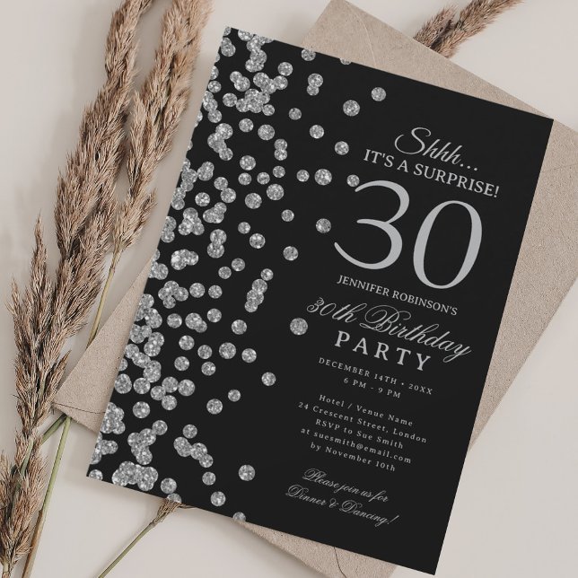 Invitation Surprise Pailletés Argent 30e Anniversaire Noir (Silver Glitter Surprise 30th Birthday Black Invitation)
