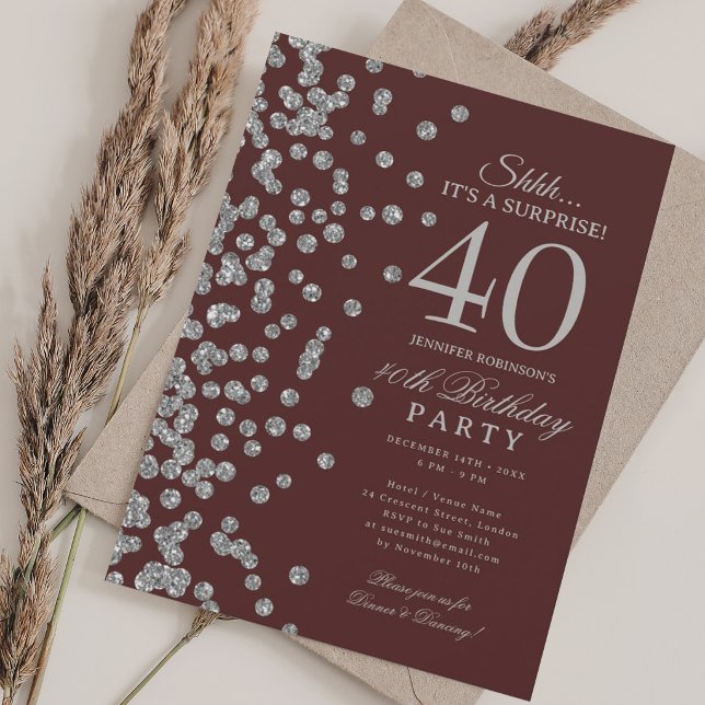 Invitation  Surprise Pailletés Argent 40e Anniversaire Bourgo (Silver Glitter Surprise 40th Birthday Burgundy Invitation)