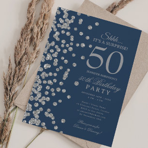 Invitation Surprise Pailletés Argent 50e Anniversaire Bleu N