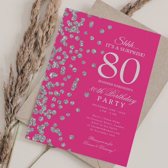 Invitation  Surprise Pailletés Argent 80e Anniversaire Rose C (Silver Glitter Surprise 80th Birthday Hot Pink Invitation)
