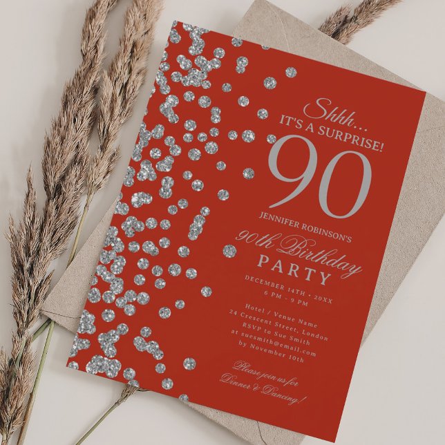 Invitation  Surprise Pailletés Argent 90e Anniversaire Rouge  (Silver Glitter Surprise 90th Birthday Red Invitation)