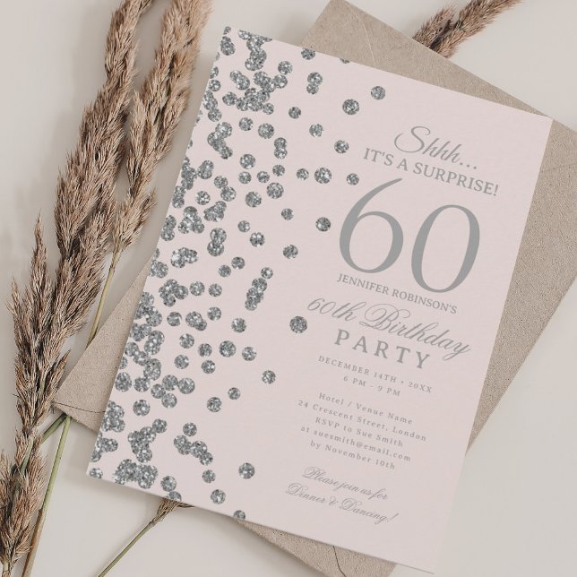 Invitation Surprise Paillettes 60e Anniversaire Rose Blush (Silver Glitter Surprise 60th Birthday Blush Pink Invitation)