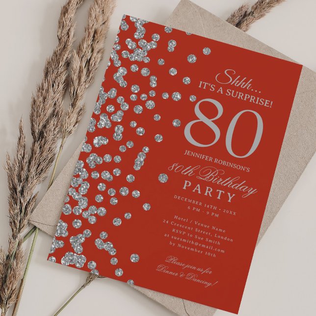Invitation  Surprise Paillettes 80e Anniversaire Rouge  (Silver Glitter Surprise 80th Birthday Red Invitation)