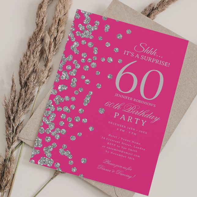 Invitation Surprise Paillettes Argent 60e Anniversaire Rose C (Silver Glitter Surprise 60th Birthday Hot Pink Invitation)